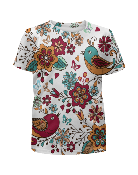 Заказать детскую футболку в Москве. Футболка с полной запечаткой для девочек Птицы и цветы от THE_NISE  - готовые дизайны и нанесение принтов.