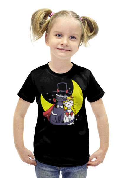Заказать детскую футболку в Москве. Футболка с полной запечаткой для девочек Кошки на луне от T-shirt print  - готовые дизайны и нанесение принтов.