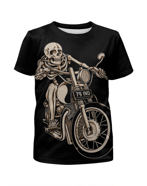 Заказать детскую футболку в Москве. Футболка с полной запечаткой для девочек Skeleton Biker от Leichenwagen - готовые дизайны и нанесение принтов.