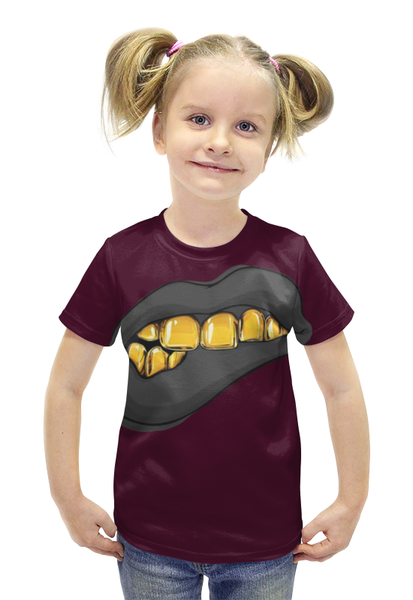 Заказать детскую футболку в Москве. Футболка с полной запечаткой для девочек Золотая ухмылка от Leichenwagen - готовые дизайны и нанесение принтов.