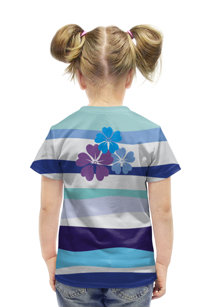 Заказать детскую футболку в Москве. Футболка с полной запечаткой для девочек синие волны с цветком от nikol - готовые дизайны и нанесение принтов.