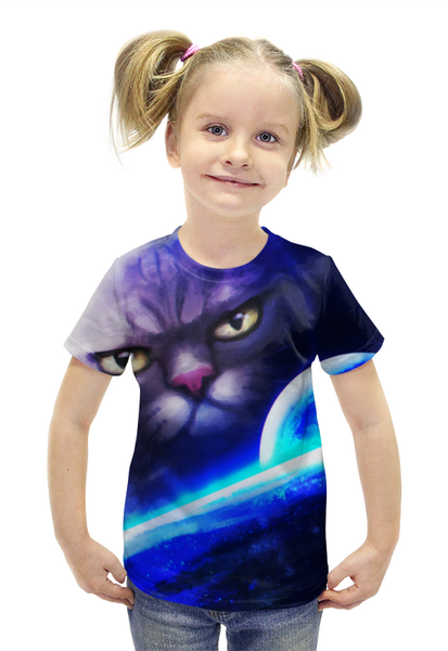 Заказать детскую футболку в Москве. Футболка с полной запечаткой для девочек  Кот в космосе  от THE_NISE  - готовые дизайны и нанесение принтов.