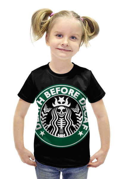 Заказать детскую футболку в Москве. Футболка с полной запечаткой для девочек Starbucks / Death Before Decaf от Leichenwagen - готовые дизайны и нанесение принтов.