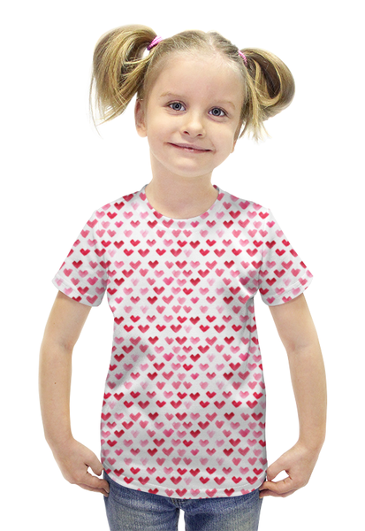 Заказать детскую футболку в Москве. Футболка с полной запечаткой для девочек Узор из акварельных сердец. от Specktrum - готовые дизайны и нанесение принтов.