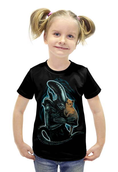 Заказать детскую футболку в Москве. Футболка с полной запечаткой для девочек Чужой и котик от geekbox - готовые дизайны и нанесение принтов.