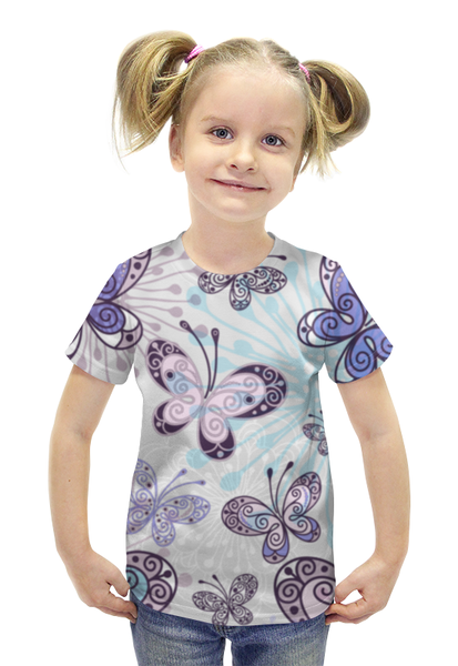 Заказать детскую футболку в Москве. Футболка с полной запечаткой для девочек Фиолетовые бабочки от weeert - готовые дизайны и нанесение принтов.