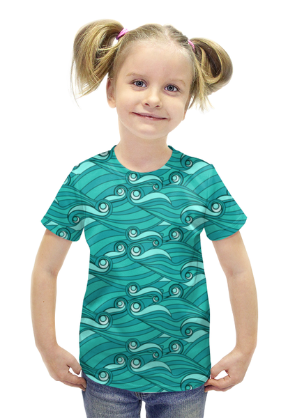 Заказать детскую футболку в Москве. Футболка с полной запечаткой для девочек Зелёные волны от BeliySlon - готовые дизайны и нанесение принтов.