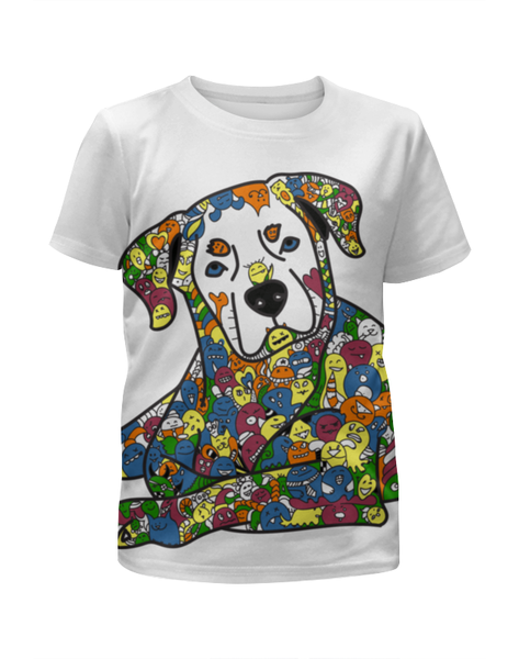 Заказать детскую футболку в Москве. Футболка с полной запечаткой для девочек собака  из дудл монстров от Игма - готовые дизайны и нанесение принтов.