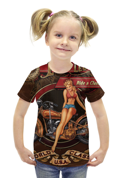 Заказать детскую футболку в Москве. Футболка с полной запечаткой для девочек Мотоциклы, винтажный плакат. от lisalisa11@list.ru - готовые дизайны и нанесение принтов.