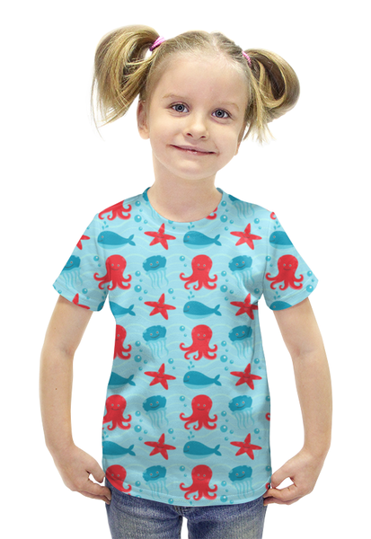 Заказать детскую футболку в Москве. Футболка с полной запечаткой для девочек Морские глубины от BeliySlon - готовые дизайны и нанесение принтов.