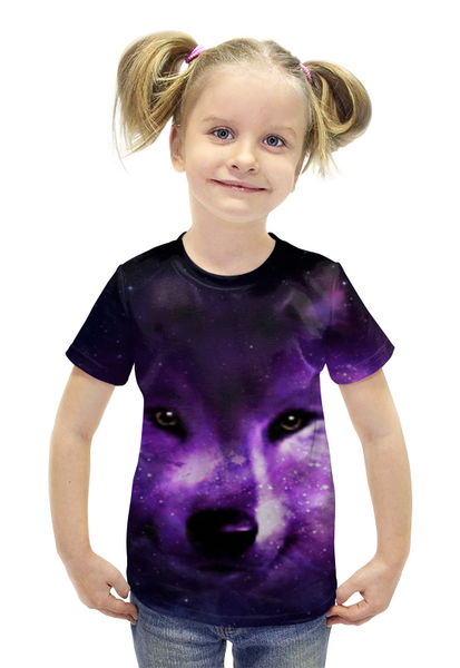 Заказать детскую футболку в Москве. Футболка с полной запечаткой для девочек Волк космос от  PRO_DESIGN - готовые дизайны и нанесение принтов.