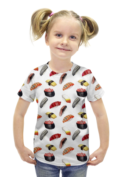 Заказать детскую футболку в Москве. Футболка с полной запечаткой для девочек Суши-Арт от Pinky-Winky - готовые дизайны и нанесение принтов.