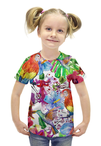 Заказать детскую футболку в Москве. Футболка с полной запечаткой для девочек попугаи от THE_NISE  - готовые дизайны и нанесение принтов.