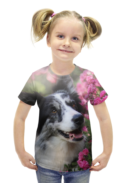 Заказать детскую футболку в Москве. Футболка с полной запечаткой для девочек  Цветы и пес от THE_NISE  - готовые дизайны и нанесение принтов.