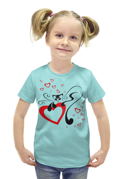 Заказать детскую футболку в Москве. Футболка с полной запечаткой для девочек Кошечка с сердечком (1) от ПРИНТЫ ПЕЧАТЬ  - готовые дизайны и нанесение принтов.