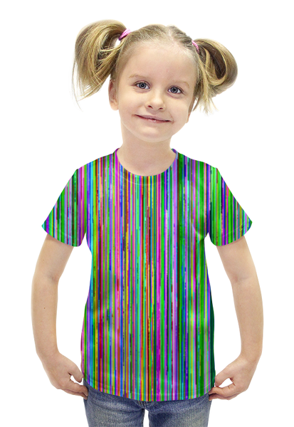 Заказать детскую футболку в Москве. Футболка с полной запечаткой для девочек glitch art (полосы) от Wax  - готовые дизайны и нанесение принтов.