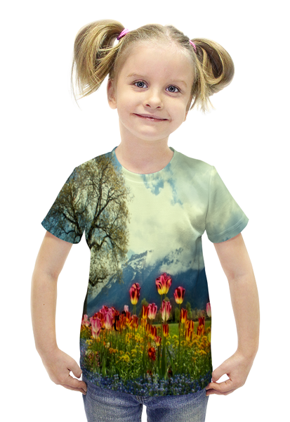 Заказать детскую футболку в Москве. Футболка с полной запечаткой для девочек Горный пейзаж от THE_NISE  - готовые дизайны и нанесение принтов.