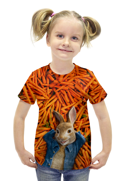 Заказать детскую футболку в Москве. Футболка с полной запечаткой для девочек Кролик Питер от skynatural - готовые дизайны и нанесение принтов.
