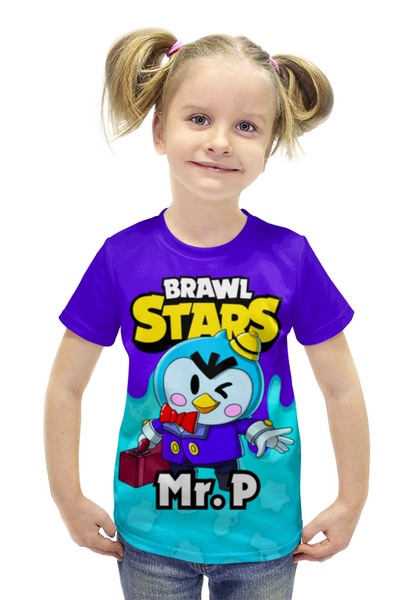 Заказать детскую футболку в Москве. Футболка с полной запечаткой для девочек BRAWL STARS MR.P от geekbox - готовые дизайны и нанесение принтов.
