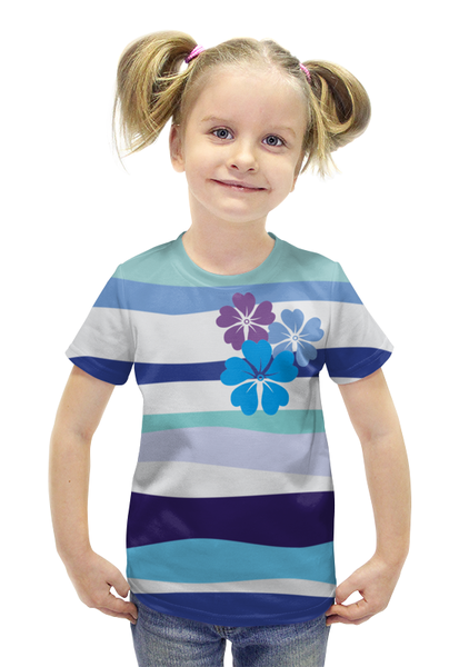 Заказать детскую футболку в Москве. Футболка с полной запечаткой для девочек синие волны с цветком от nikol - готовые дизайны и нанесение принтов.