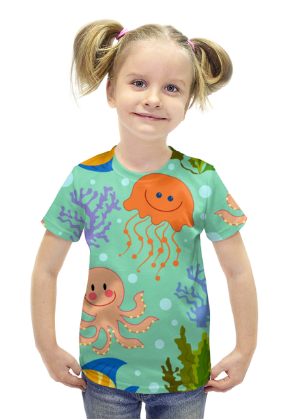 Заказать детскую футболку в Москве. Футболка с полной запечаткой для девочек Океан от T-shirt print  - готовые дизайны и нанесение принтов.