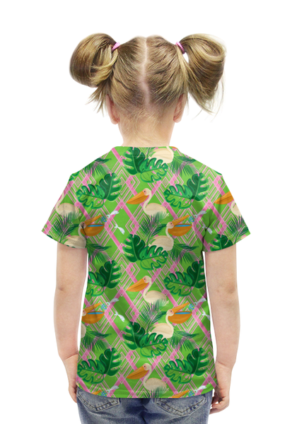 Заказать детскую футболку в Москве. Футболка с полной запечаткой для девочек Пеликаны в листьях и абстракция от IrinkaArt  - готовые дизайны и нанесение принтов.