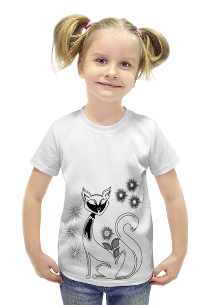 Заказать детскую футболку в Москве. Футболка с полной запечаткой для девочек кошка от AnyM - готовые дизайны и нанесение принтов.
