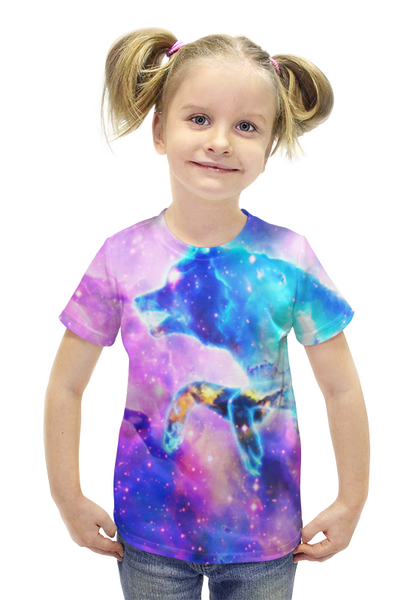 Заказать детскую футболку в Москве. Футболка с полной запечаткой для девочек Волк космос от  PRO_DESIGN - готовые дизайны и нанесение принтов.