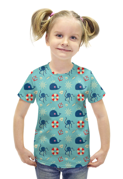 Заказать детскую футболку в Москве. Футболка с полной запечаткой для девочек Морские обитатели от BeliySlon - готовые дизайны и нанесение принтов.