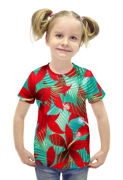 Заказать детскую футболку в Москве. Футболка с полной запечаткой для девочек Красные цветы от THE_NISE  - готовые дизайны и нанесение принтов.