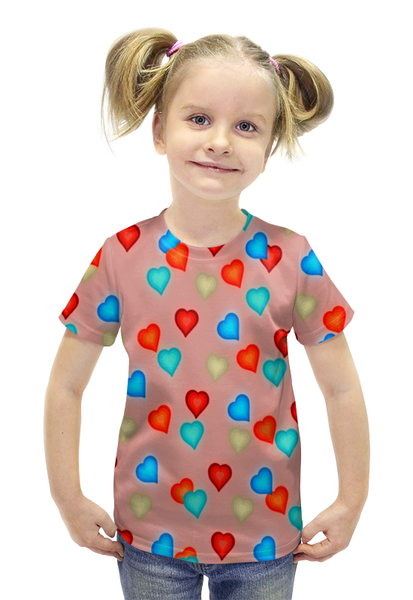 Заказать детскую футболку в Москве. Футболка с полной запечаткой для девочек Сердечки от THE_NISE  - готовые дизайны и нанесение принтов.