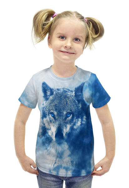 Заказать детскую футболку в Москве. Футболка с полной запечаткой для девочек Волк в снегу от  PRO_DESIGN - готовые дизайны и нанесение принтов.