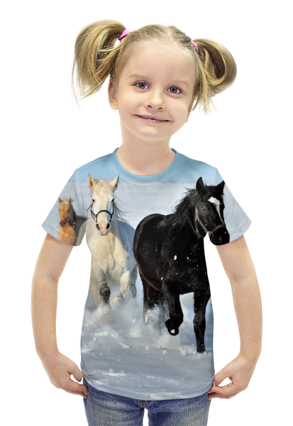 Заказать детскую футболку в Москве. Футболка с полной запечаткой для девочек Лошади от THE_NISE  - готовые дизайны и нанесение принтов.