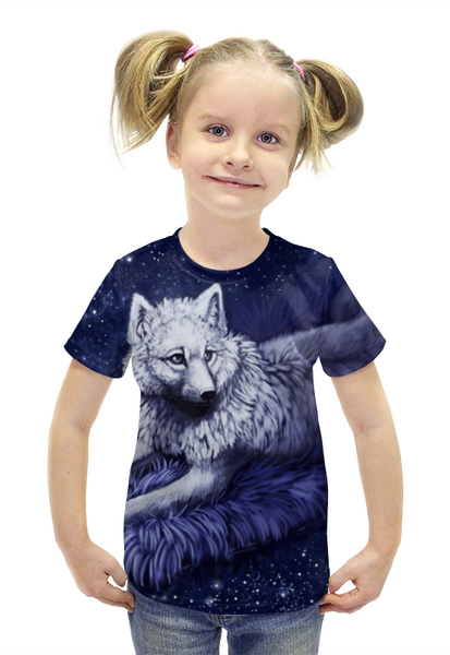 Заказать детскую футболку в Москве. Футболка с полной запечаткой для девочек Волк белый от  PRO_DESIGN - готовые дизайны и нанесение принтов.