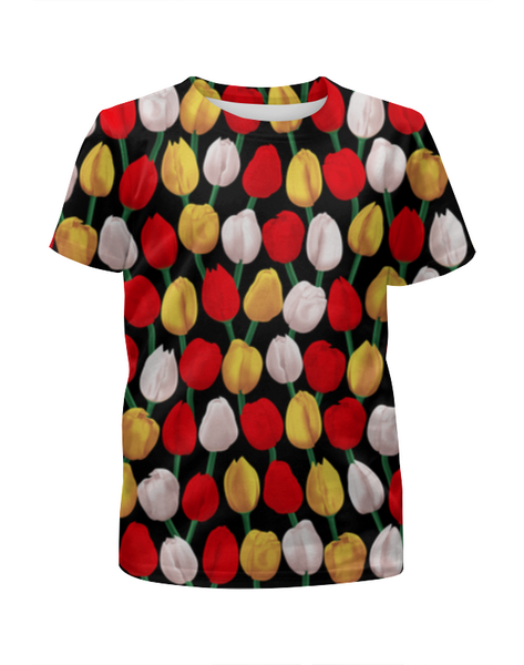 Заказать детскую футболку в Москве. Футболка с полной запечаткой для девочек Тюльпаны на чёрном от bd-art  - готовые дизайны и нанесение принтов.