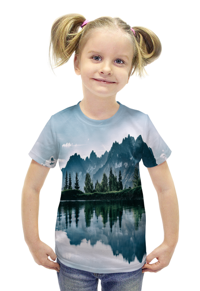 Заказать детскую футболку в Москве. Футболка с полной запечаткой для девочек Отражение гор от THE_NISE  - готовые дизайны и нанесение принтов.