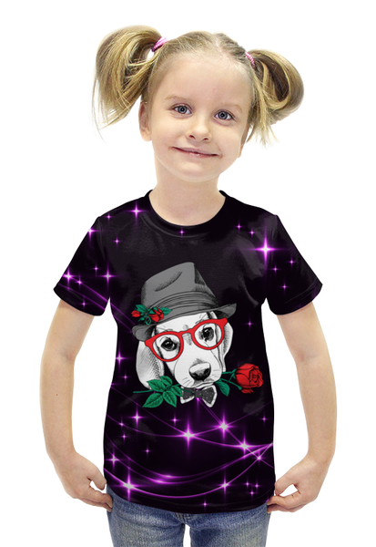 Заказать детскую футболку в Москве. Футболка с полной запечаткой для девочек Пес и роза от THE_NISE  - готовые дизайны и нанесение принтов.