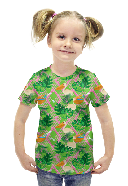 Заказать детскую футболку в Москве. Футболка с полной запечаткой для девочек Пеликаны в листьях и абстракция от IrinkaArt  - готовые дизайны и нанесение принтов.