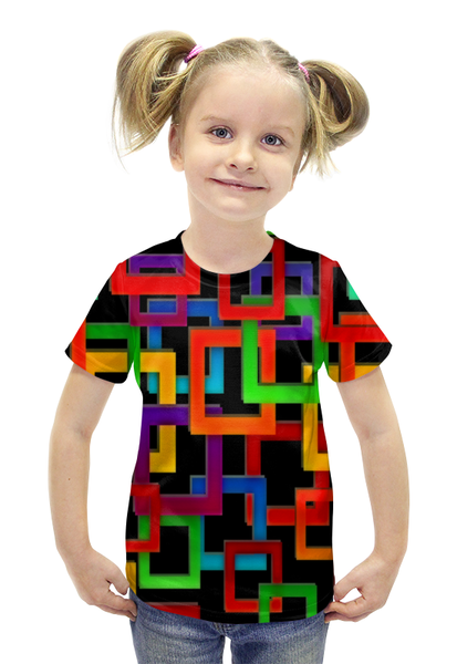 Заказать детскую футболку в Москве. Футболка с полной запечаткой для девочек Цветные квадраты от THE_NISE  - готовые дизайны и нанесение принтов.