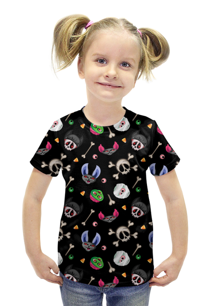 Заказать детскую футболку в Москве. Футболка с полной запечаткой для девочек Милые персонажи Хэллоуина от IrinkaArt  - готовые дизайны и нанесение принтов.