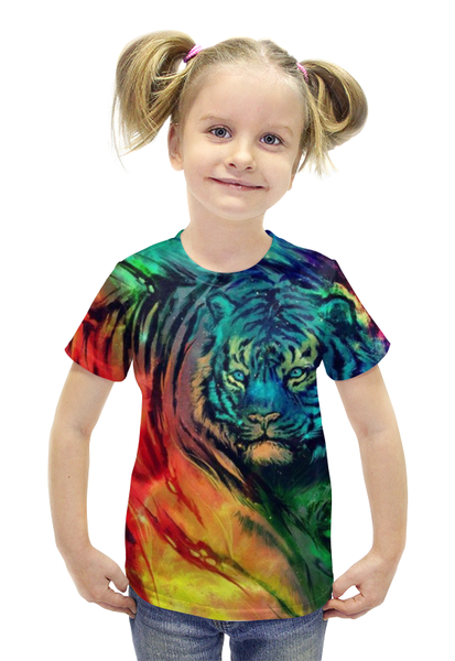 Заказать детскую футболку в Москве. Футболка с полной запечаткой для девочек Тигр арт от Dover - готовые дизайны и нанесение принтов.