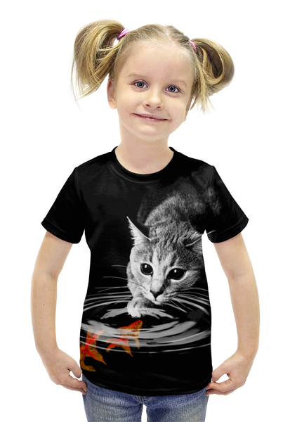 Заказать детскую футболку в Москве. Футболка с полной запечаткой для девочек Кот и Рыбки от printik - готовые дизайны и нанесение принтов.