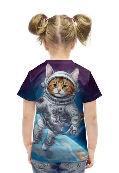 Заказать детскую футболку в Москве. Футболка с полной запечаткой для девочек Кот-космонавт в открытом космосе от p_i_r_a_n_y_a  - готовые дизайны и нанесение принтов.