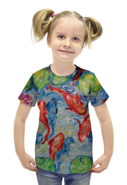 Заказать детскую футболку в Москве. Футболка с полной запечаткой для девочек Золотые рыбки от rikart - готовые дизайны и нанесение принтов.