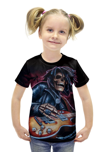 Заказать детскую футболку в Москве. Футболка с полной запечаткой для девочек Скелет с гитарой от Серега Шнайдер - готовые дизайны и нанесение принтов.