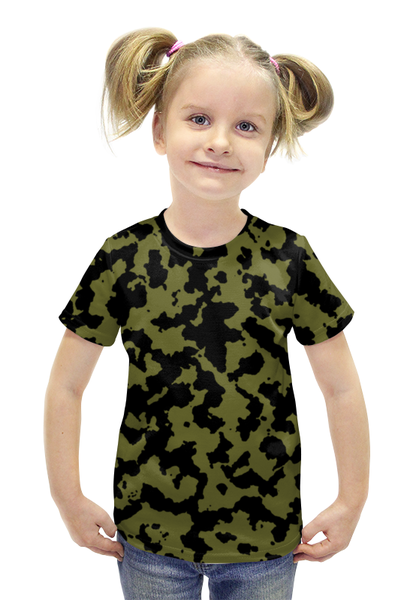 Заказать детскую футболку в Москве. Футболка с полной запечаткой для девочек Зелёно-Чёрный Камуфляж от armyshop - готовые дизайны и нанесение принтов.