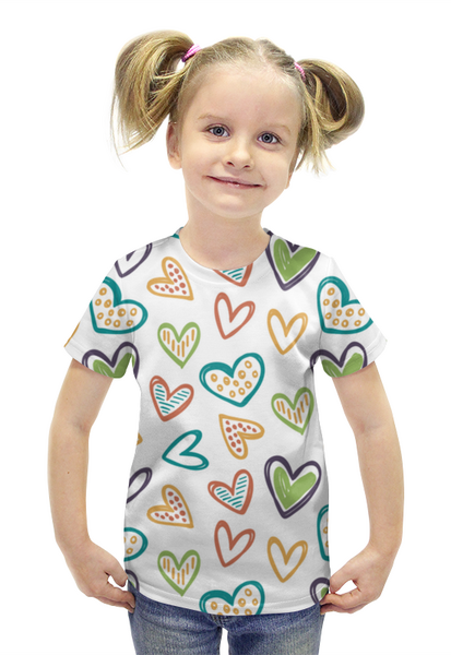 Заказать детскую футболку в Москве. Футболка с полной запечаткой для девочек сердечки от Александр Мурадов - готовые дизайны и нанесение принтов.