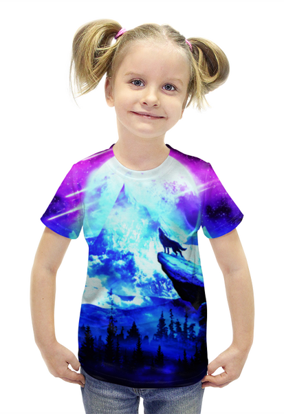 Заказать детскую футболку в Москве. Футболка с полной запечаткой для девочек Закат и Волк от  PRO_DESIGN - готовые дизайны и нанесение принтов.