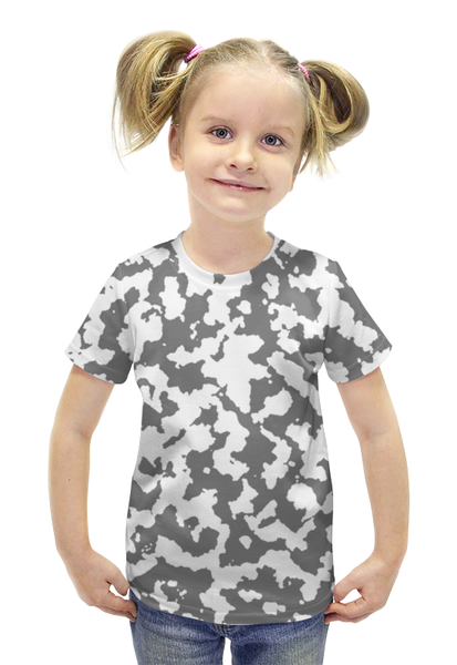 Заказать детскую футболку в Москве. Футболка с полной запечаткой для девочек Бело-Серый Камуфляж от armyshop - готовые дизайны и нанесение принтов.
