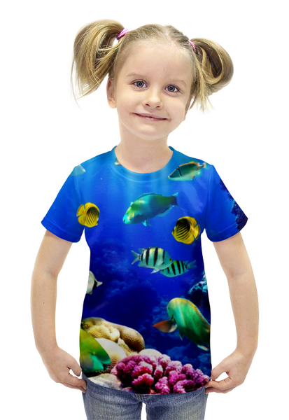 Заказать детскую футболку в Москве. Футболка с полной запечаткой для девочек Морской риф от THE_NISE  - готовые дизайны и нанесение принтов.